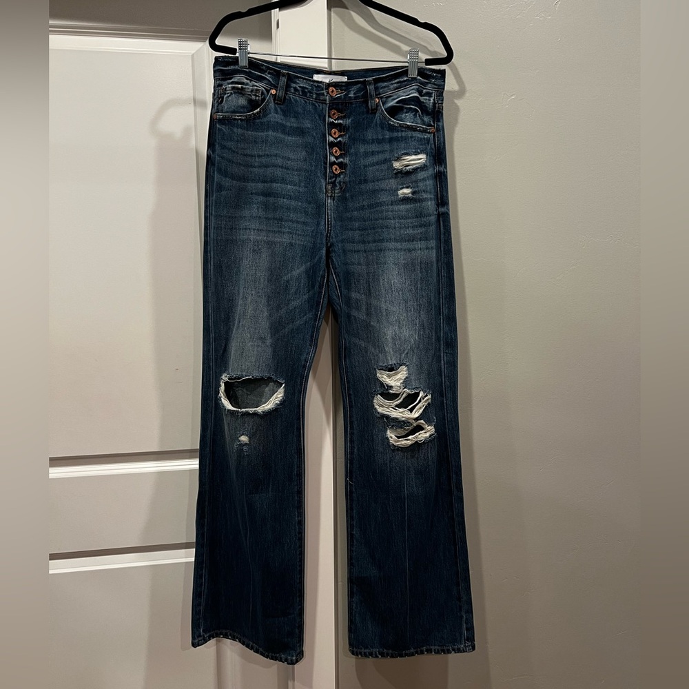 KanCan Wide Leg Distressed Button Up Blue Jeans Size 11